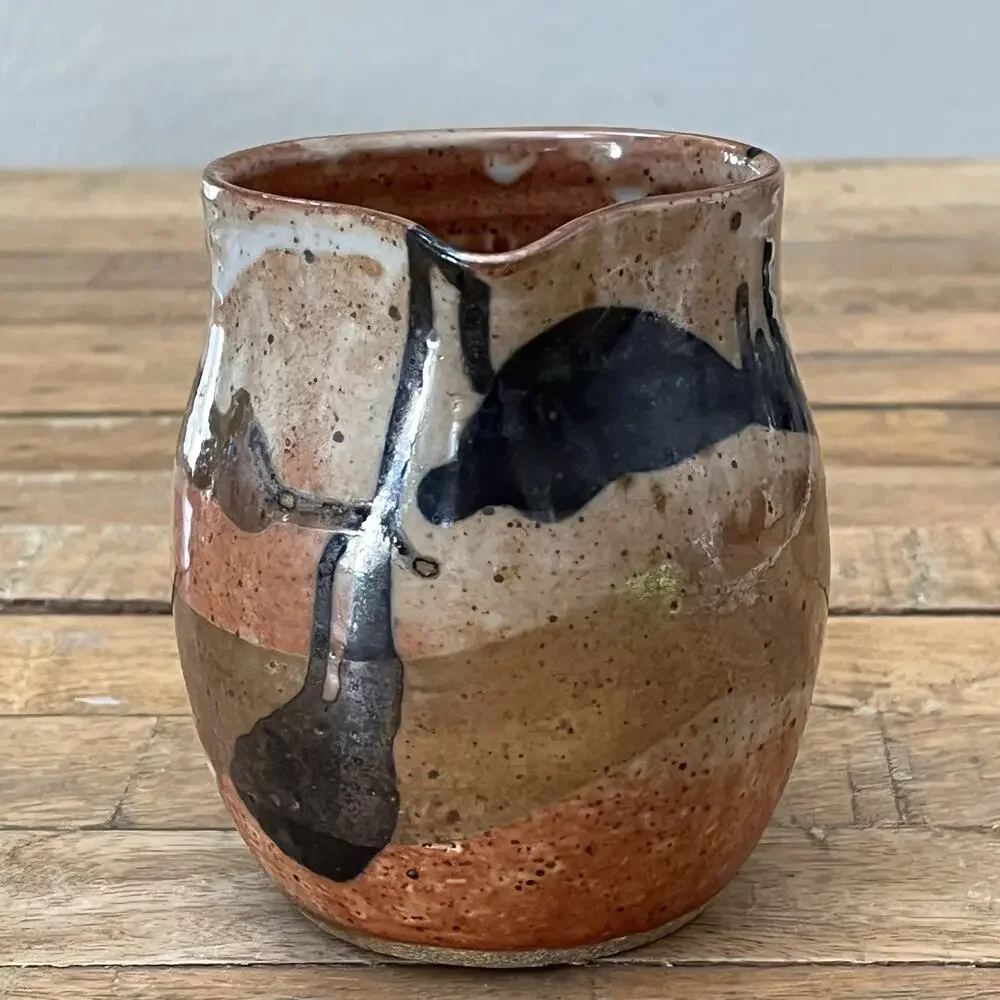 Art Studio Pottery Creamer Pitcher 4.5 in Rustic Texture Orange Tan & Blue Glaze
